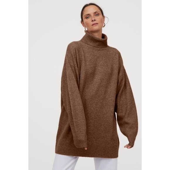 H&M Tunic Sweater Turtleneck Wool Brown Melange - Picture 1 of 2